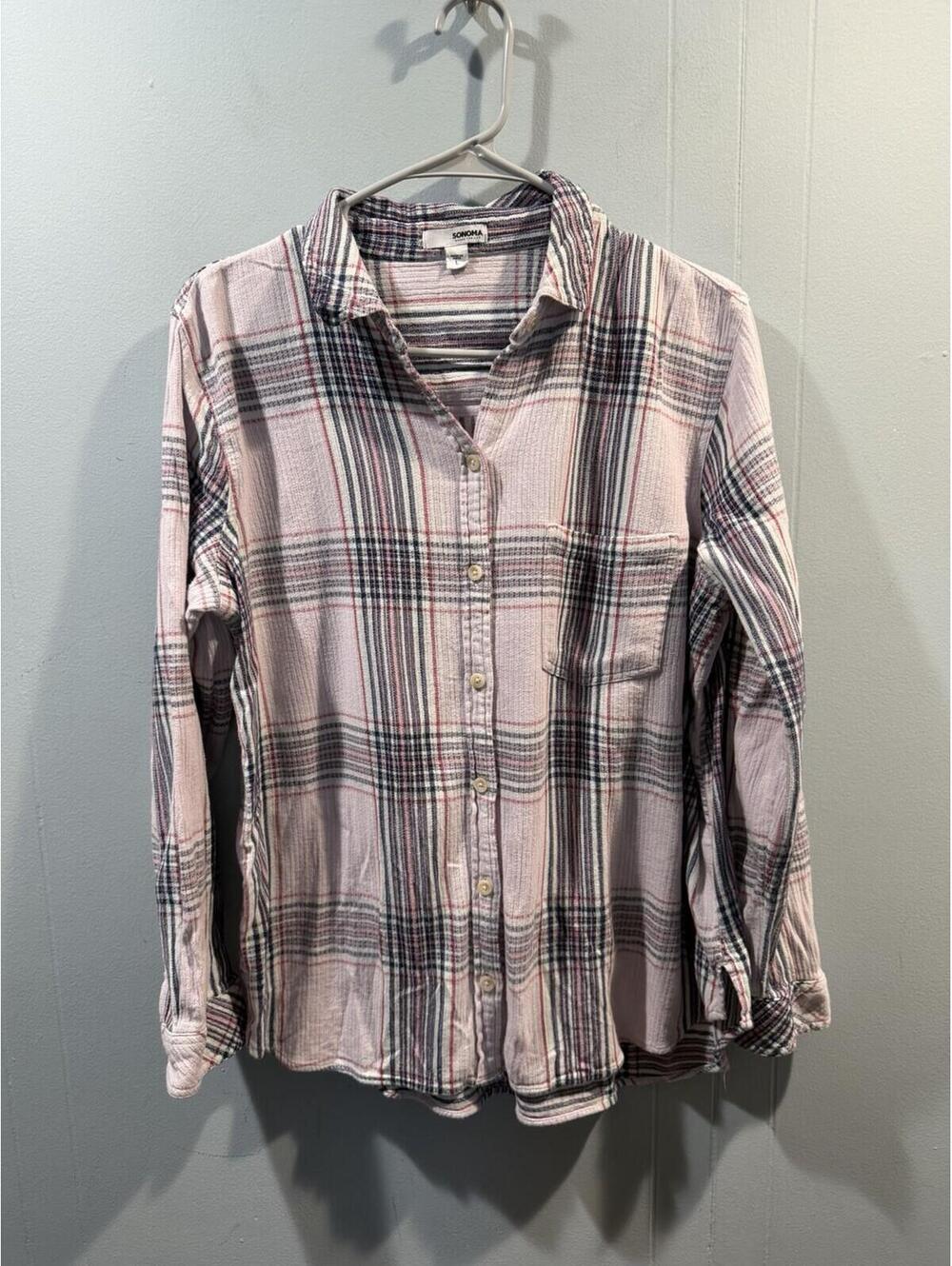 Womens Sonoma Long Sleeves Shirt Button Up Size Large Striped Multicolor